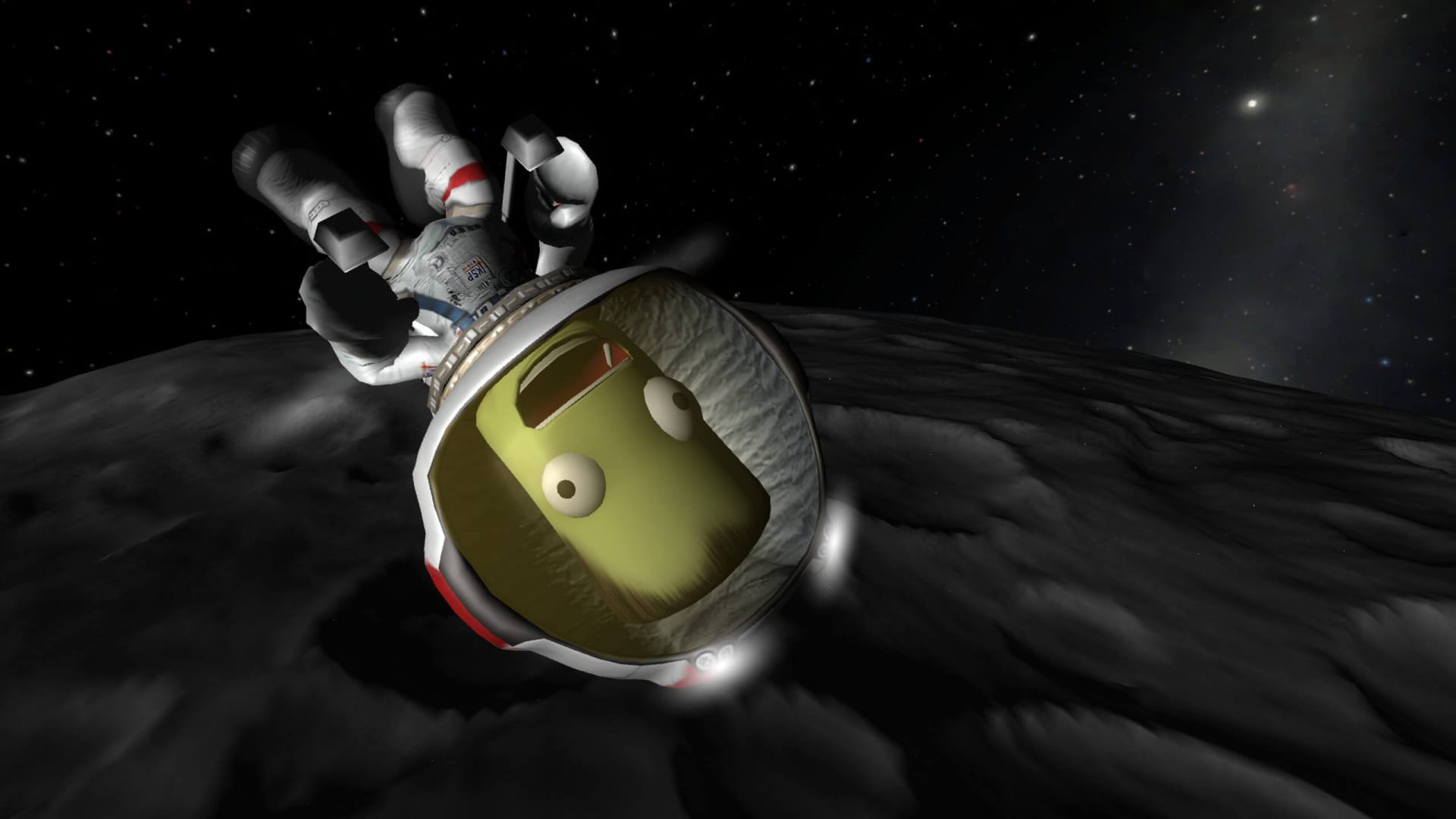 A Kerbal floating through space with a typically happy-go-lucky look on their face in Kerbal Space Program